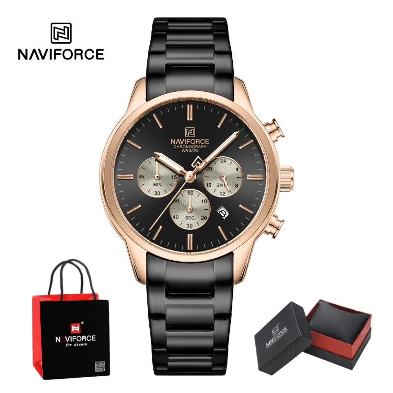 NAVIFORCE 2026 Man's Watch Quartz Chronograph 30M Waterproof Date Display Steel Band Male Fashionable Luxury Wristwatch Gift Box