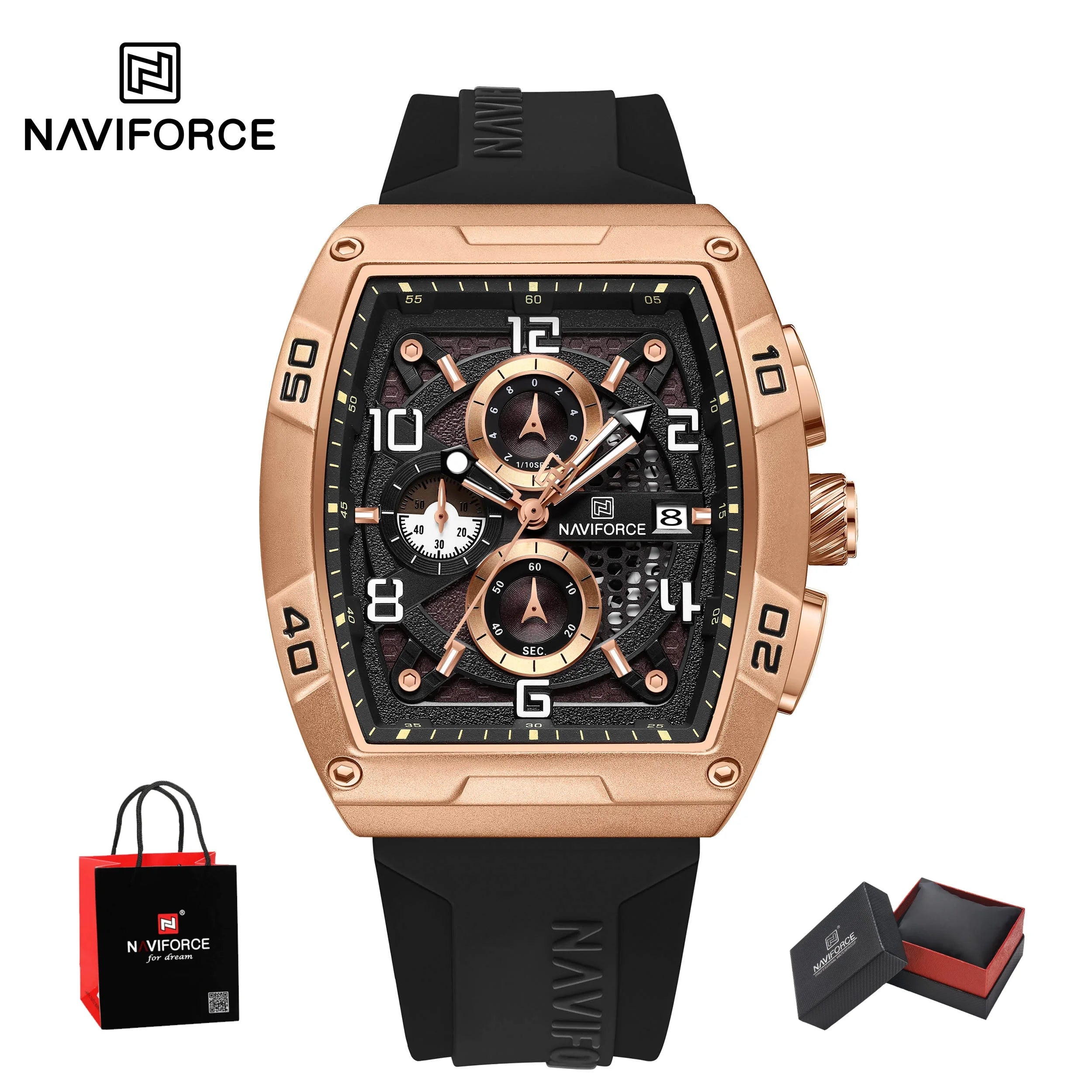 NAVIFORCE Fashion Men’s  Large Dia Multi-function PU Waterproof Clock Gold Design Quartz Watches Casual Male Wrist Watch Gifts