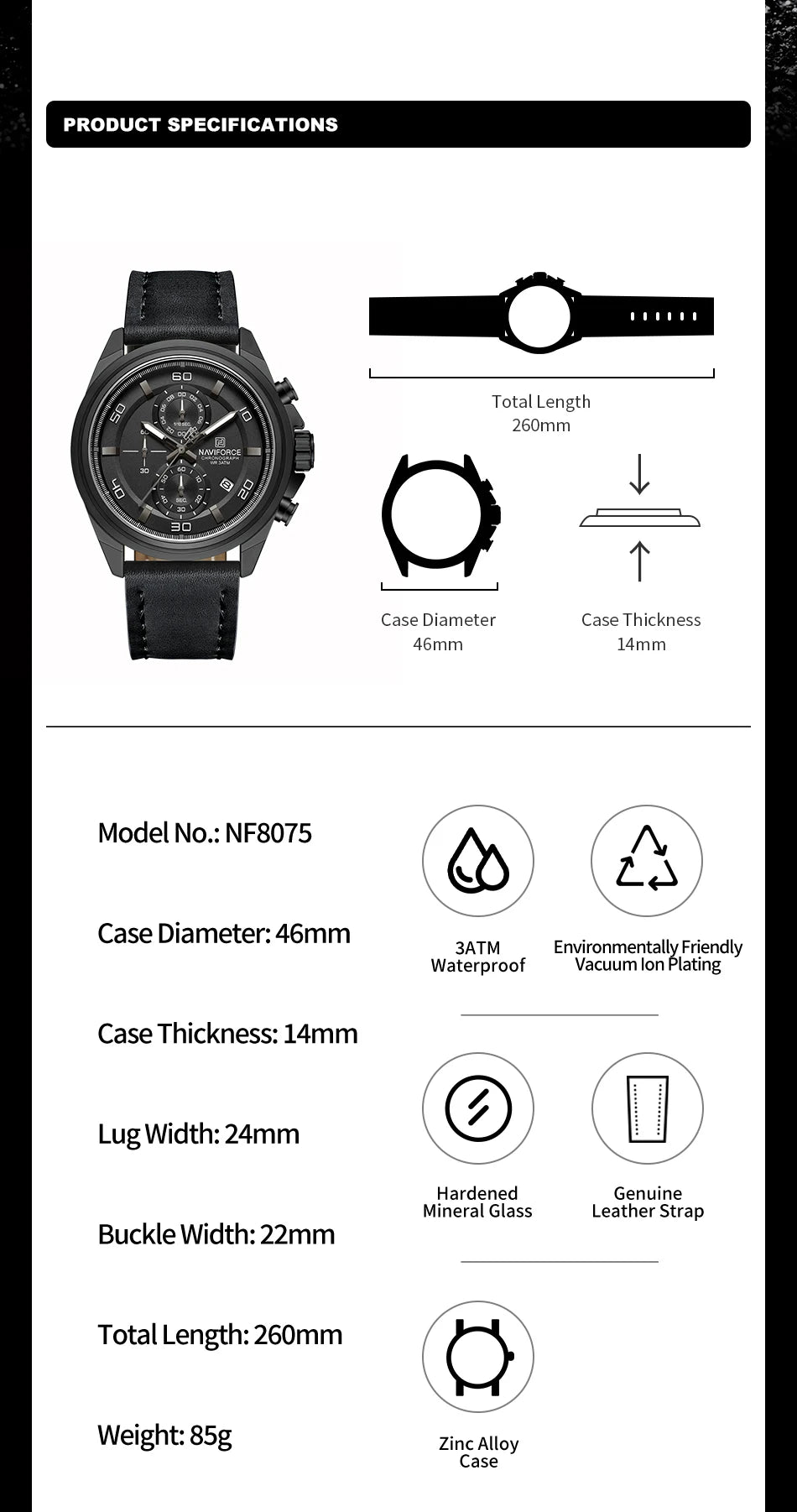 Original NAVIFORCE Business Luxury Leather Strap Men Watches Sports Chronograph Watch for Man 3ATM Waterproof Quartz Wristwatch