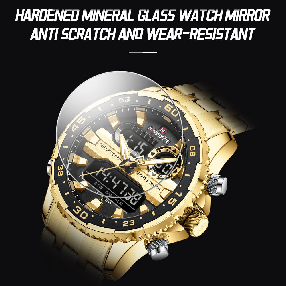 NAVIFORCE Men's Sports Alarm Watch Waterproof Chronograph Quartz Movement Steel Band Digital Date Week Display Wristwatches Gift