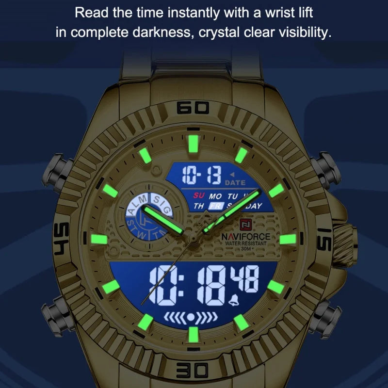 NAVIFORCE Men's Watch Quartz Dual Display 3ATM Waterproof Luminous Chronograph Alarm Clocks Male Luxury High Quality Wristwatch