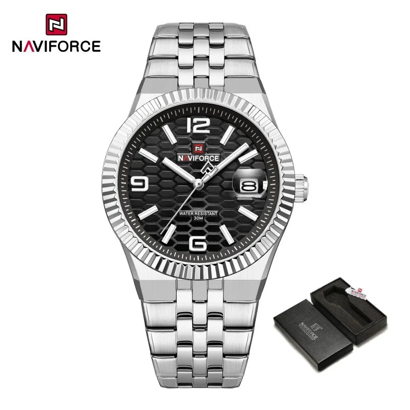 NAVIFORCE Men Watches Quartz Calendar Waterproof Luminous Magnifying Glass Window Stainless Steel Male Luxury Business Watches