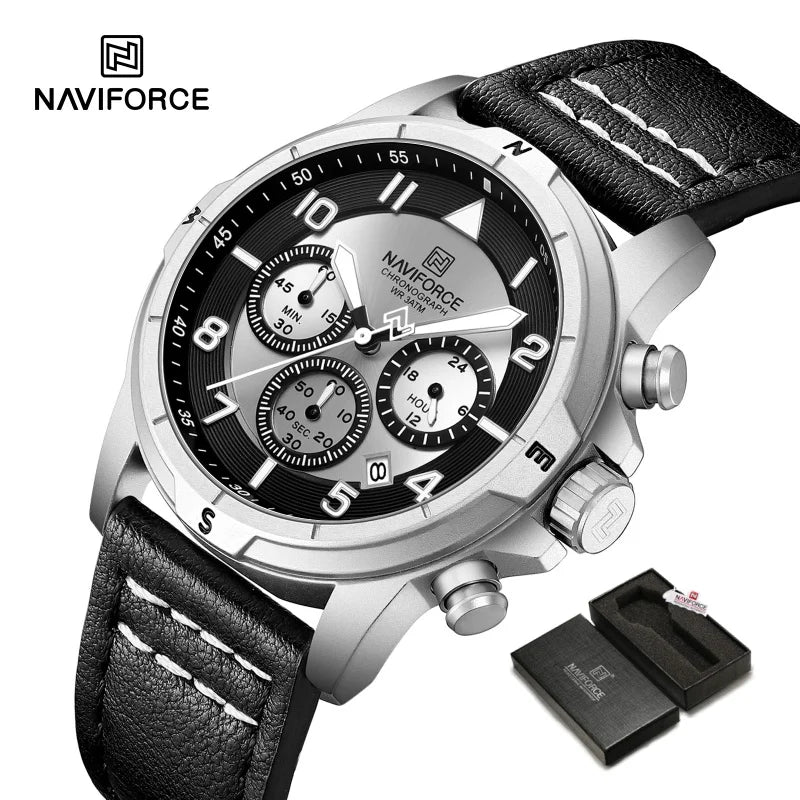 NAVIFORCE Men's Quartz Chronograph Wristwatch Multi Dial 24 Hour Clock Leather Band Modern Business Luxury Design Men Gift Watch