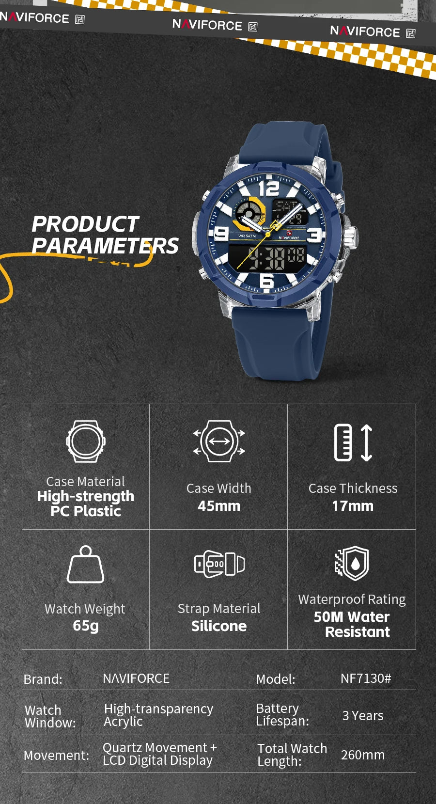 NAVIFORCE Quartz Dual Display Wristwatch for Men 50M Waterproof Silicone Band Multifuntion Clock Male Fashion Daily Sports Watch