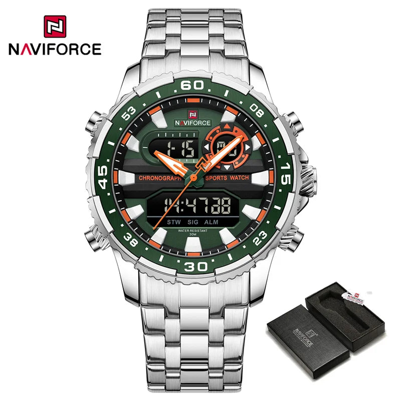 NAVIFORCE Men's Sports Alarm Watch Waterproof Chronograph Quartz Movement Steel Band Digital Date Week Display Wristwatches Gift