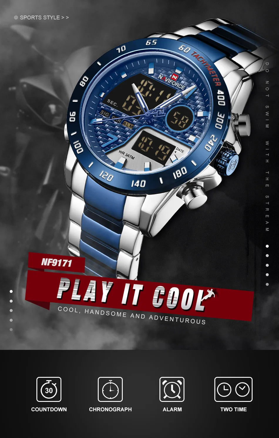 NAVIFORCE Male Quartz Dual Display Clocks Waterproof Luminous Stainless Steel Strap Watches Men Mature Style Wristwatch Gift Box