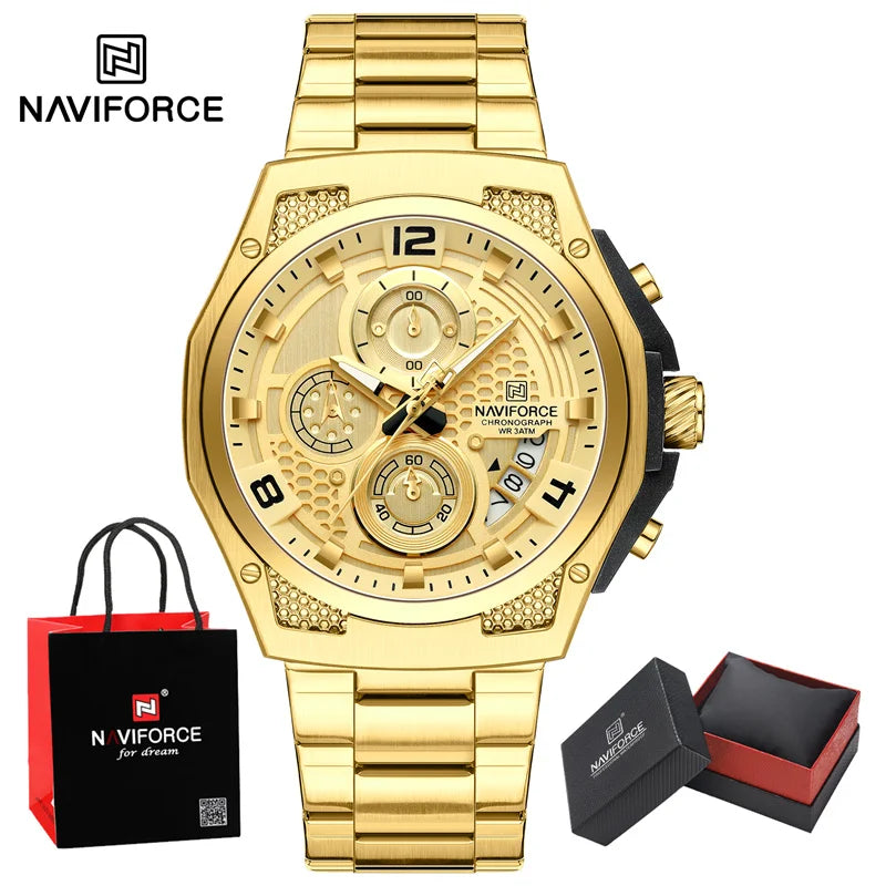 NAVIFORCE Business Watches for Men Fashion Stainless Steel Quartz Chronograph Waterproof WristWatch Male In Luxury Package Gifts