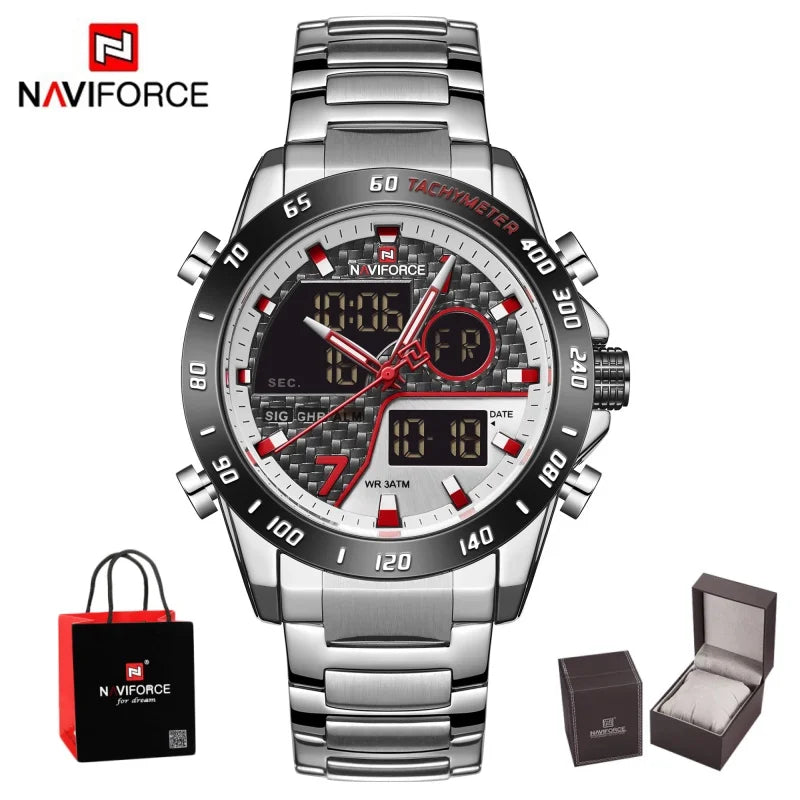 NAVIFORCE Men's Fashion Sports Watch Quartz Dual Display Luminous Waterproof Steel Band Clocks Male Outdoor Wristwatch Gifts Box