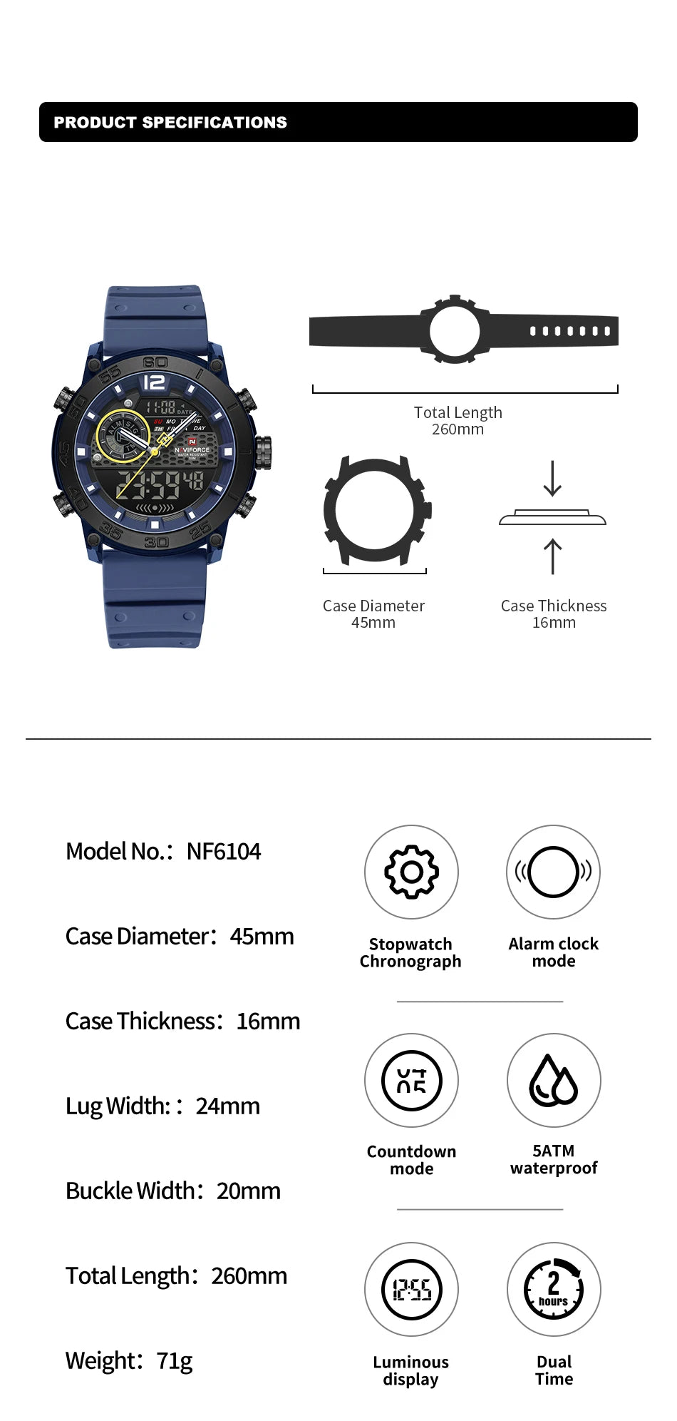 NAVIFORCE Men's Watch PC Material Analog LCD Digital Display Sport Waterproof Quartz Wristwatch Date Chronograph Luminous Clock