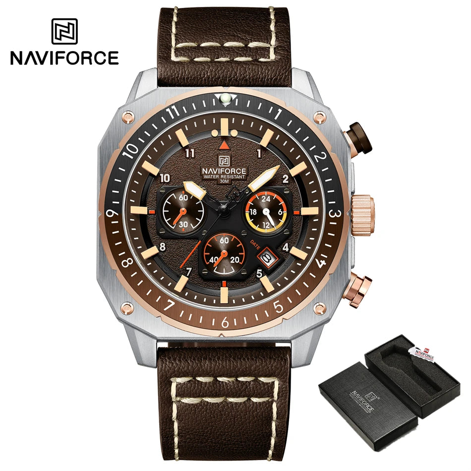 NAVIFORCE Sports Multifunction 24 Hours Date Display Waterproof Watch for Men Fashion Leather Quartz Analog Luminous Wrist Watch