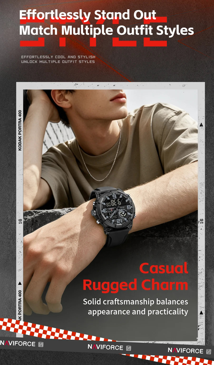 NAVIFORCE Men's Military Quartz Watch Slate Gray Dial White Arabic Numeral Scale 5ATM Waterproof Sports Personality Wristwatches