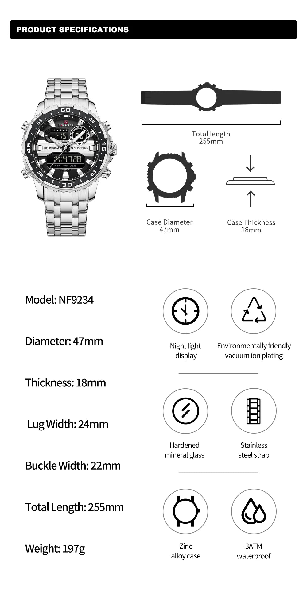 Gifts for Boyfriends NAVIFORCE Men's Silver Black Quartz Watch LCD Digital Waterproof  Wristwatch Male Luminous Hands Date Clock