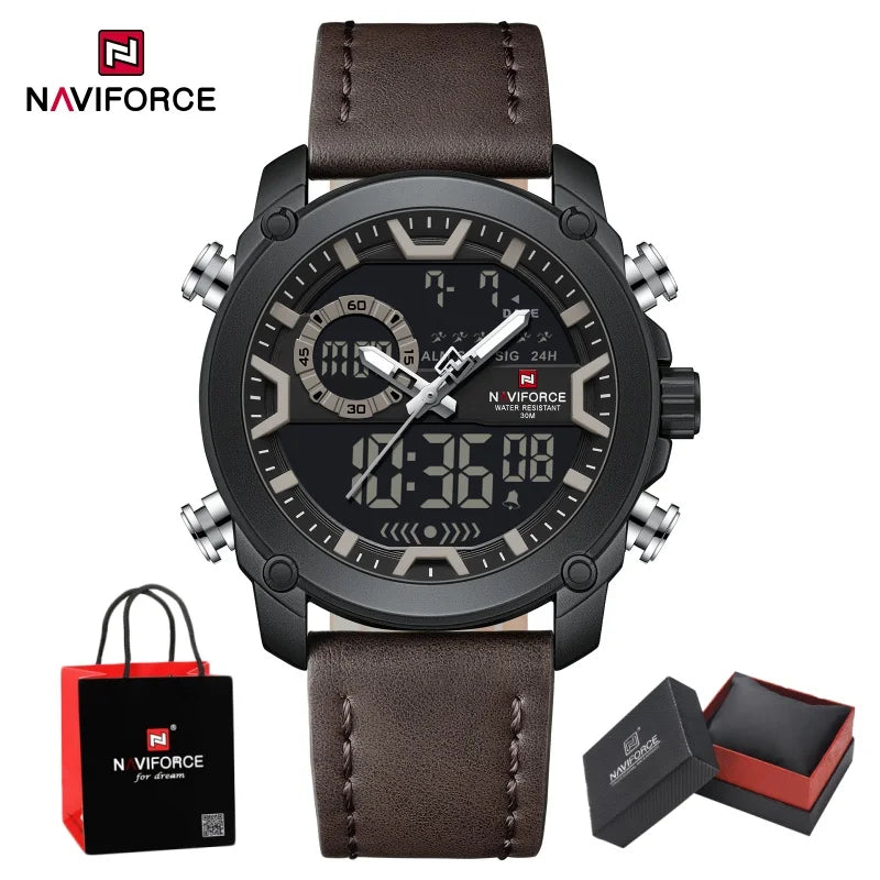 NAVIFORCE Man's Watch Quartz Dual Display Waterproof Leather Strap Alarm Male Simple Fashion Business Casual Wristwatch Gift Box