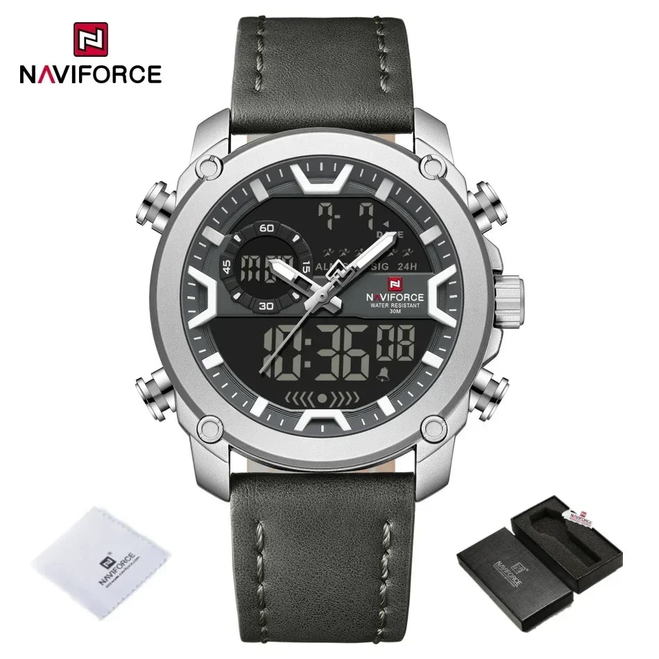 NAVIFORCE Mens Watch Original Simple Brand Quartz Watch Japan Movement Genuine Band Luminous Dual Display Watches For Men Gifts