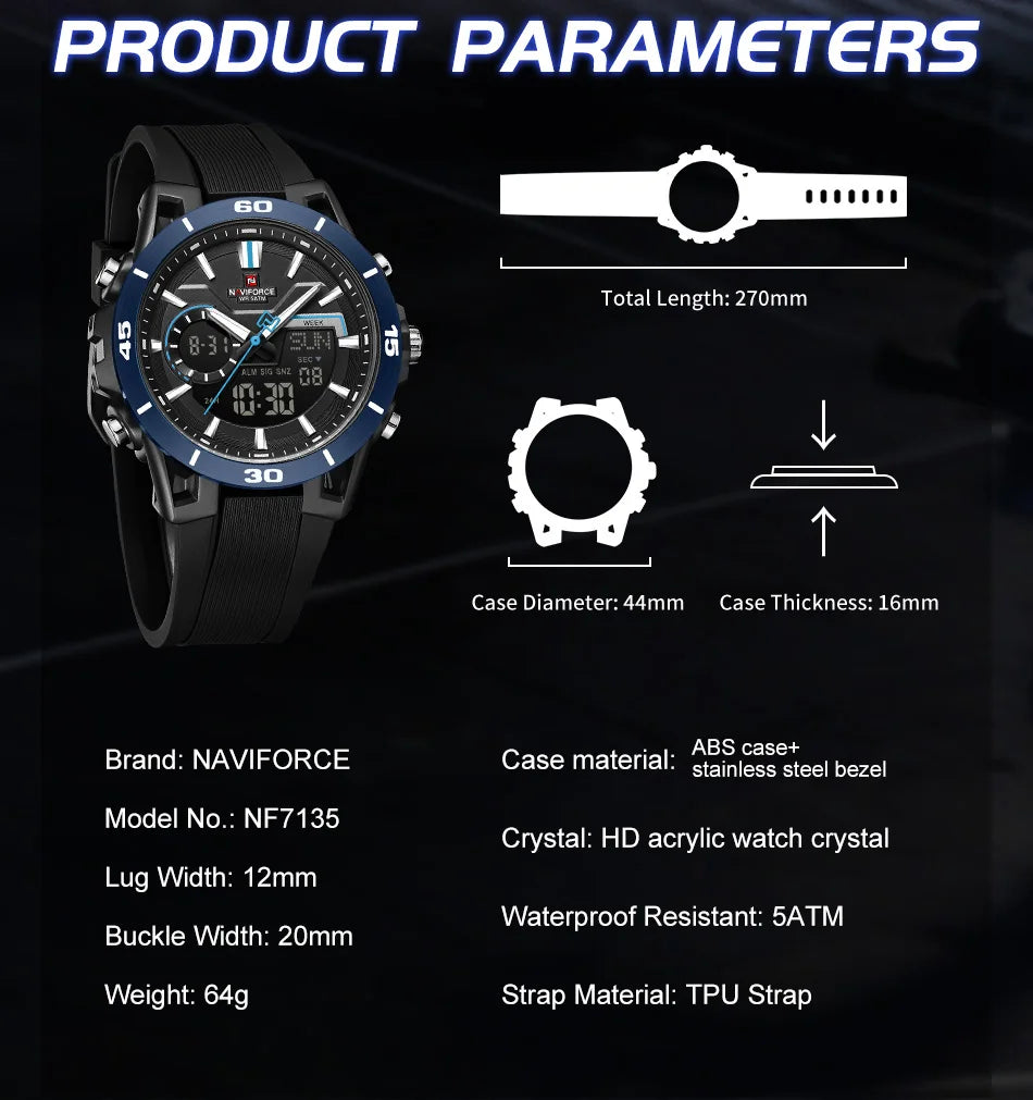 NAVIFORCE Men's Fashion Dual Display Watch 5ATM Waterproof Luminous Soft TPU Strap Male Sports Outdoor Daily Wristwatch Gift Box