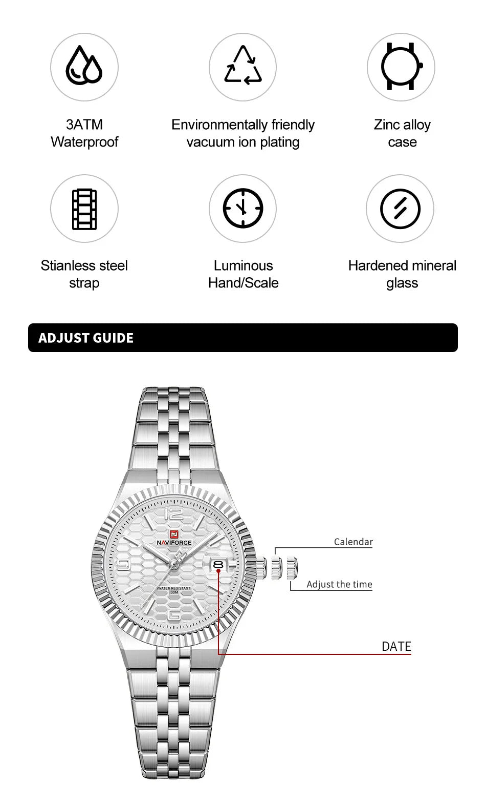 NAVIFORCE Couple Watch Quartz Calendar 3ATM Waterproof Stainless Steel Trendy Luxury Lover Wristwatch for Men and Women Gifts