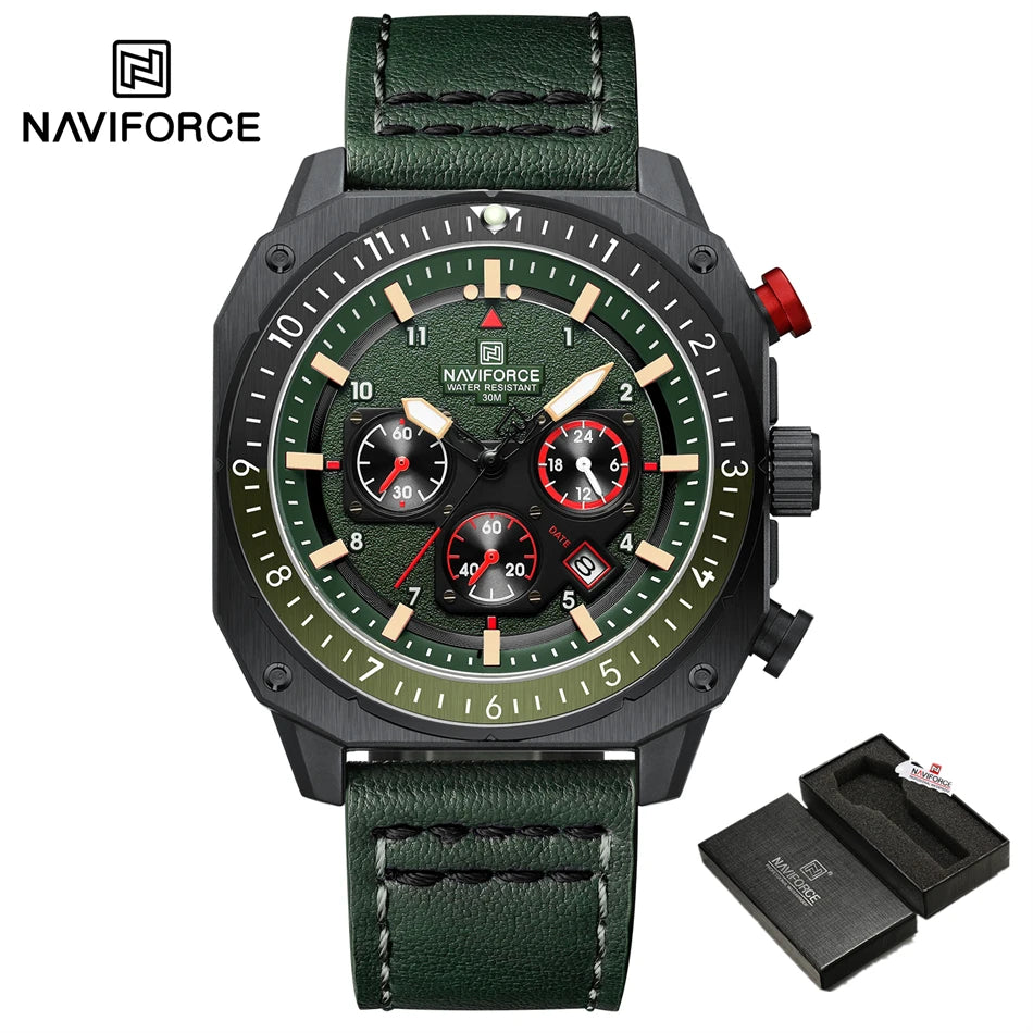 NAVIFORCE Sports Multifunction 24 Hours Date Display Waterproof Watch for Men Fashion Leather Quartz Analog Luminous Wrist Watch