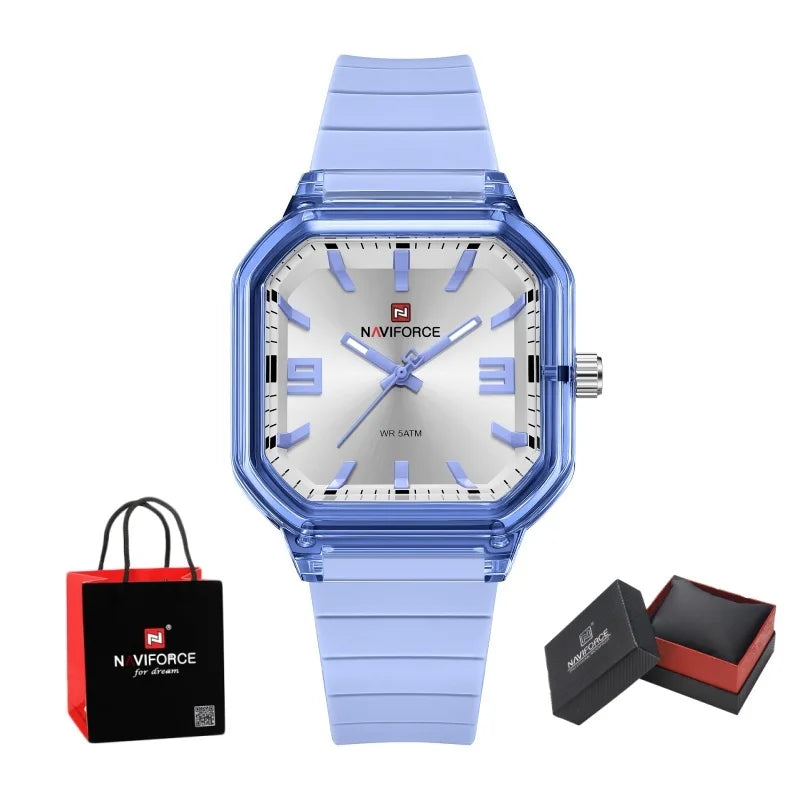 NAVIFORCE Women Polygon Watch Display Silicone Strap 50M Waterproof Luminous Fashionable Elegant Ladis Girls Wristwatch Gift Box