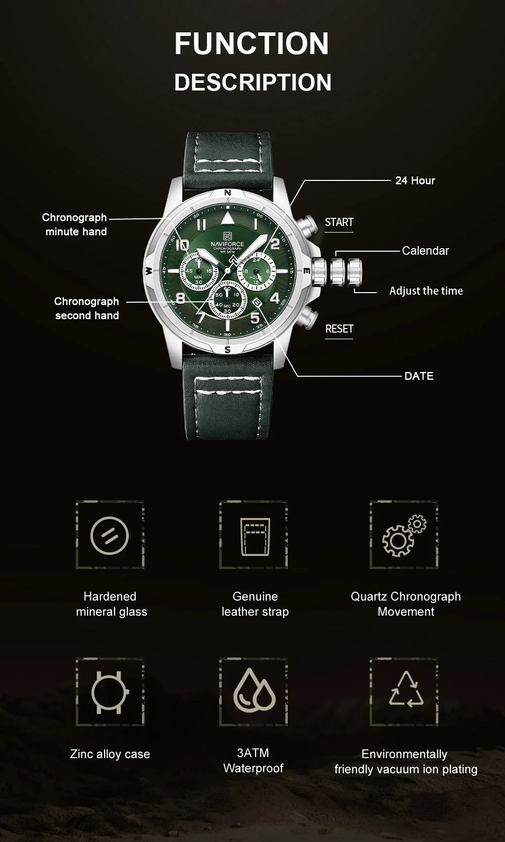 NAVIFORCE Classic Men Quartz Chronograph Watch 3ATM Waterproof Date Display Leather Strap Business Wristwatch Gift Box for Male