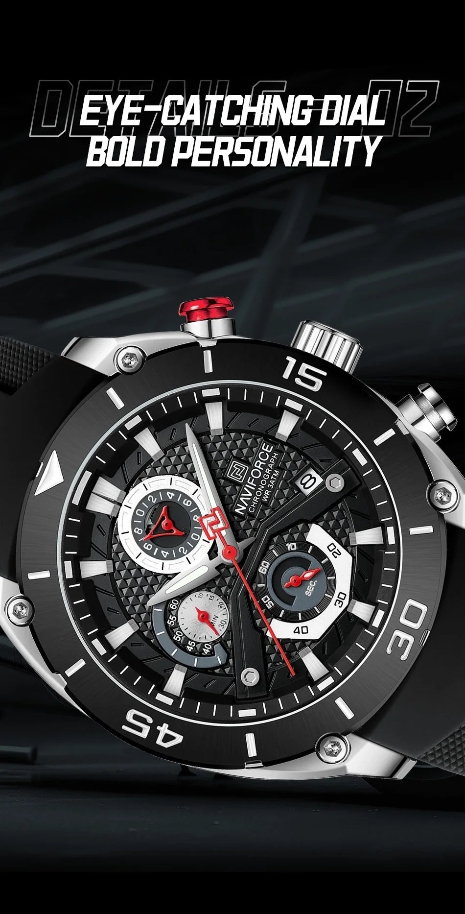 NAVIFORCE Man's Watch Quartz Chronograph 30M Waterproof Luminous Silicone Strap Trendy Sports Simple Wristwatch Gift Box for Men