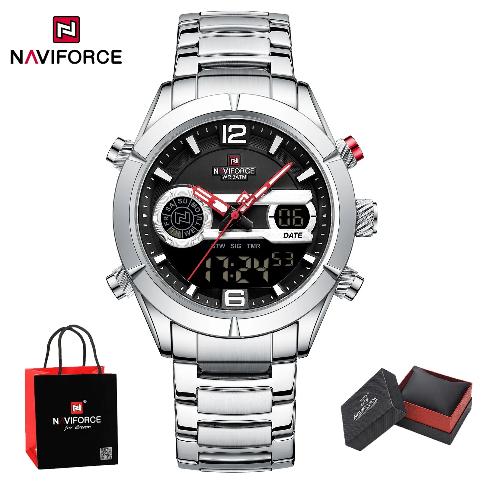 NAVIFORCE Men's Luxury Waterproof Digital Sport Watch Quartz Wristwatch Military Luminous Stainless Steel Strap Male gifts