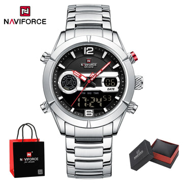 NAVIFORCE Men's Luxury Waterproof Digital Sport Watch Quartz Wristwatch Military Luminous Stainless Steel Strap Male gifts