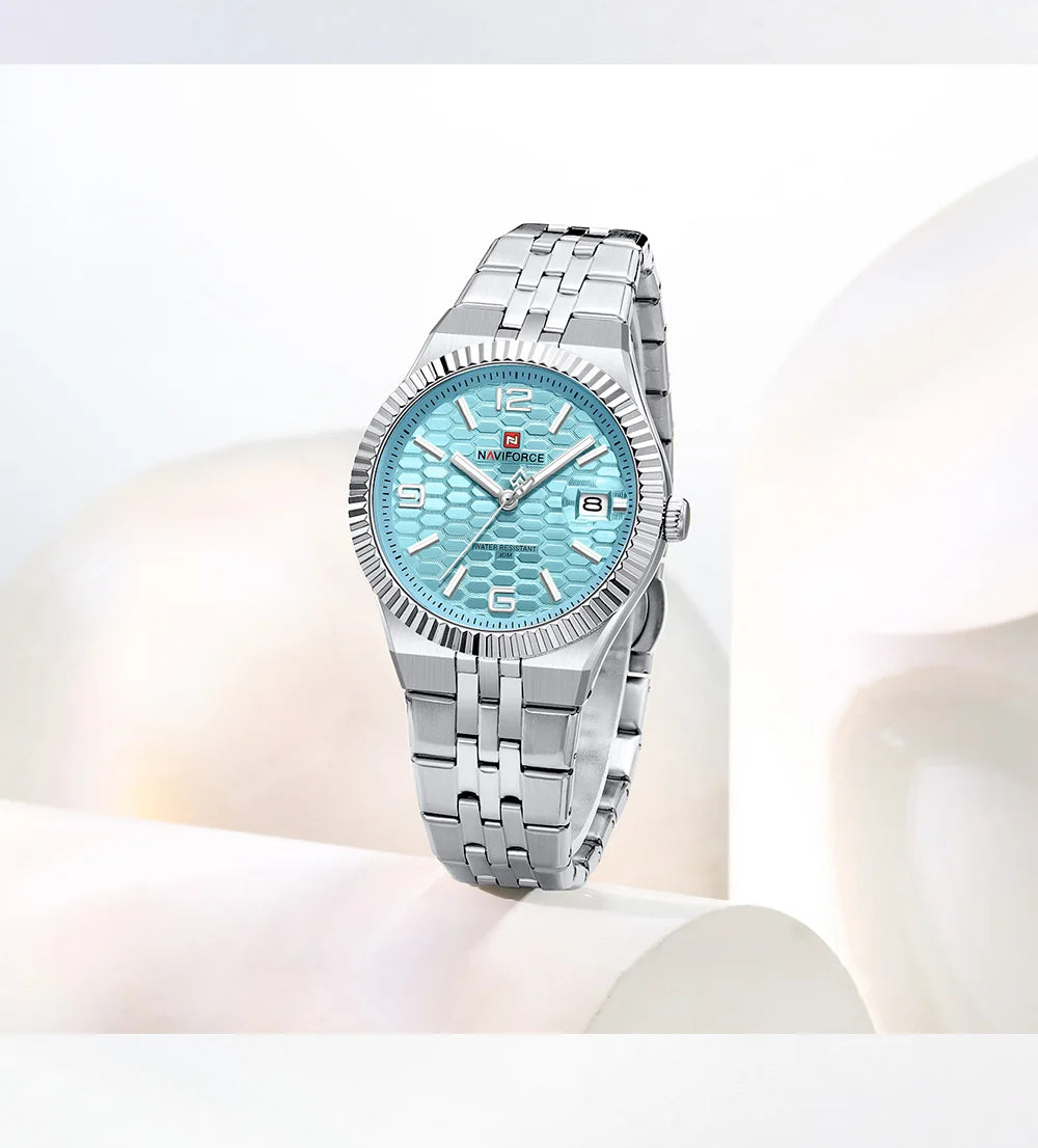 NAVIFORCE Luxury Women Quartz Calendar Watch 30M Waterproof Luminous Steel Strap Female Casual Girls Fashion Wristwatch Gift Box