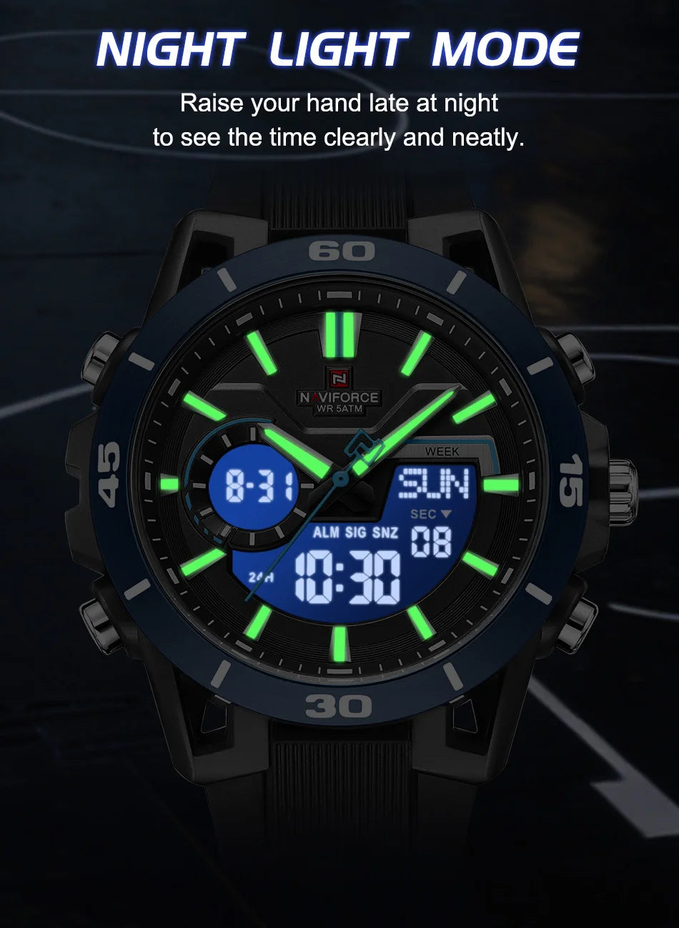 NAVIFORCE Men's Fashion Dual Display Watch 5ATM Waterproof Luminous Soft TPU Strap Male Sports Outdoor Daily Wristwatch Gift Box