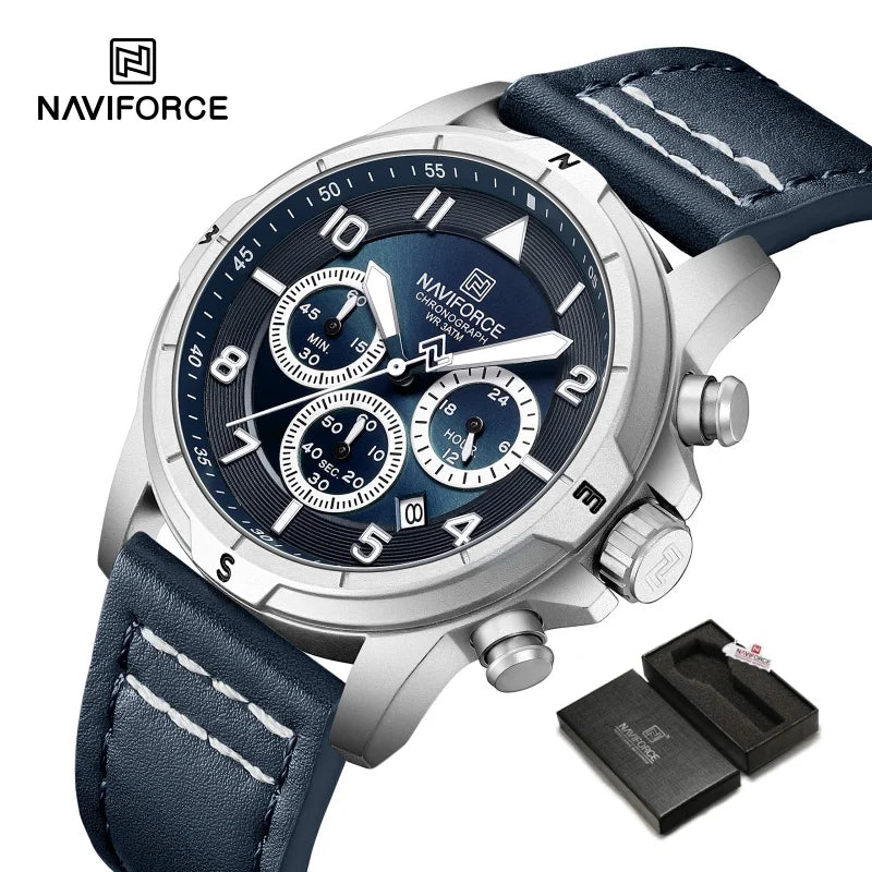 NAVIFORCE Men's Quartz Chronograph Wristwatch Multi Dial 24 Hour Clock Leather Band Modern Business Luxury Design Men Gift Watch