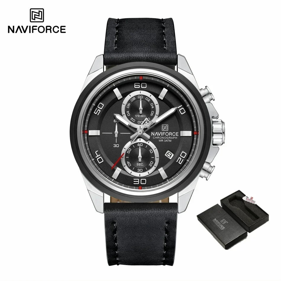 NAVIFORCE Brand Watches For Men Genuine Leather Band Chronograph Quartz Wristwatches Casual Sport 30m Waterproof Male Gift Clock