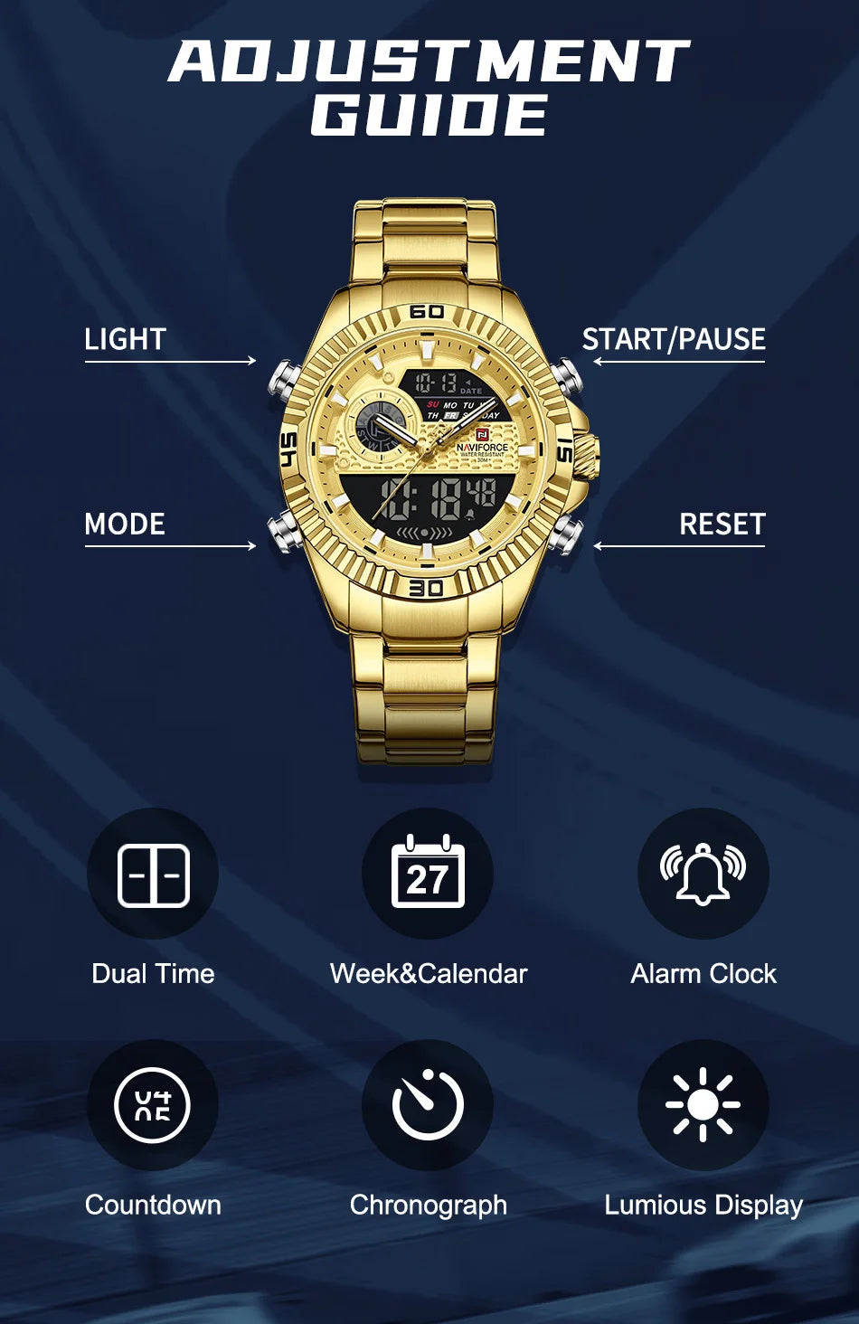 NAVIFORCE Men's Watch Quartz Dual Display 3ATM Waterproof Luminous Chronograph Alarm Clocks Male Luxury High Quality Wristwatch