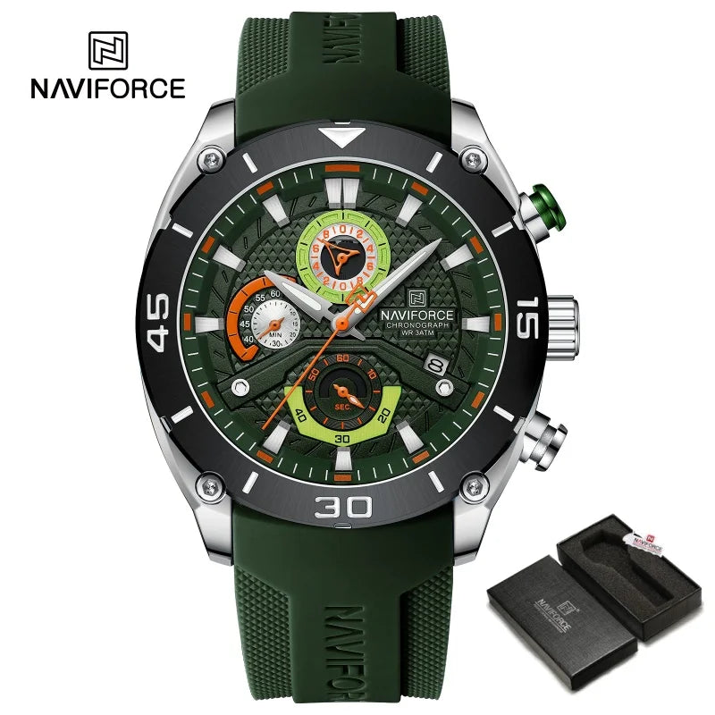 NAVIFORCE Man's Watch Quartz Chronograph 30M Waterproof Luminous Date Display Silicone Strap Trends Sports Wristwatch for Men