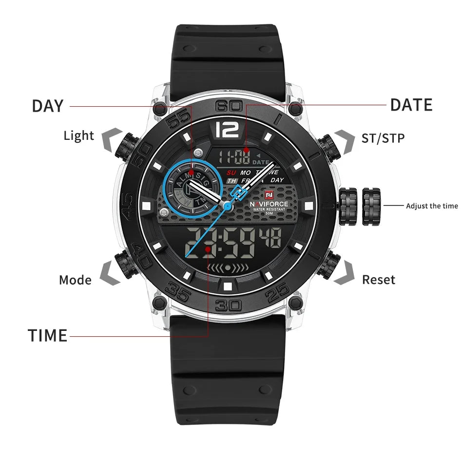 NAVIFORCE High Quality Watches For Men Military Dual Display Sport Waterproof Quartz Digital Wristwatch Auto Dayand Date Clock