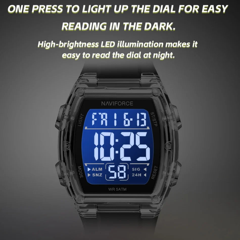 NAVIFORCE Luxury LCD Digital Sport Watches For Men Luxury Casual Alarm Clock 50M Waterproof Silicone Band Electronic Wristwatch