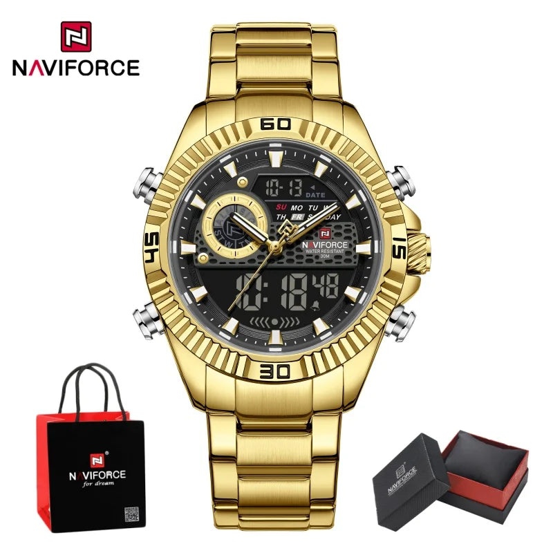 NAVIFORCE Men Watches Quartz Dual Display Waterproof Stainless Steel Male Luxury Fashion Business Outdoor Wristwatch Gifts Box