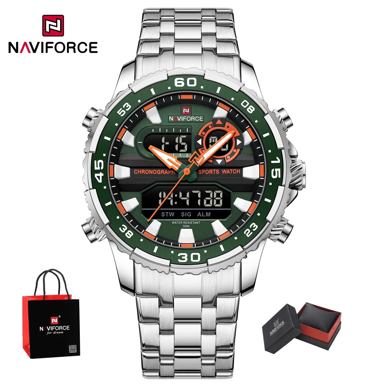 NAVIFORCE Men's Watch Quartz Analog LCD Digital Wristwatch Male Stainless Steel Strap Water Resistant Date Clock Package Gifts
