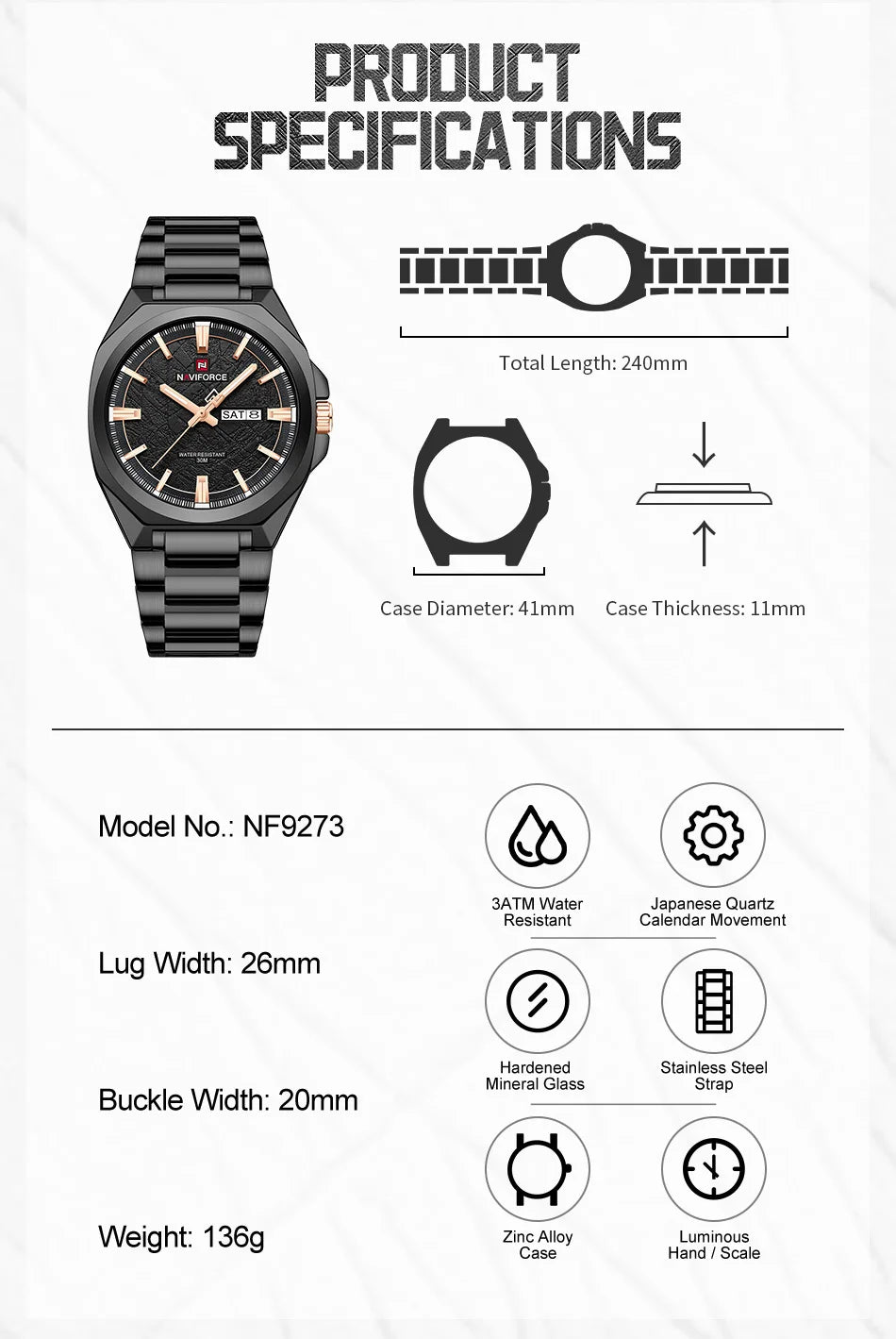 NAVIFORCE Male Quartz Stylish Wristwatch Date Week Display Waterproof Luminous Steel Band Man's Clock Luxury Wristwatch Gift Box