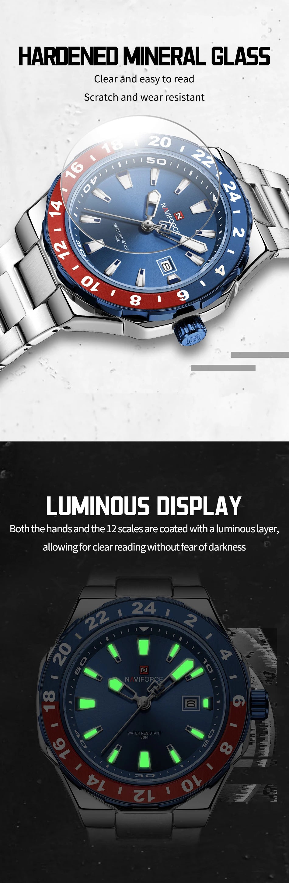 NAVIFOCE Luxury Business Man Watch Sport 3ATM Waterproof Quartz Clock Man Military Stainless Band WristWatch Relogio Masculino