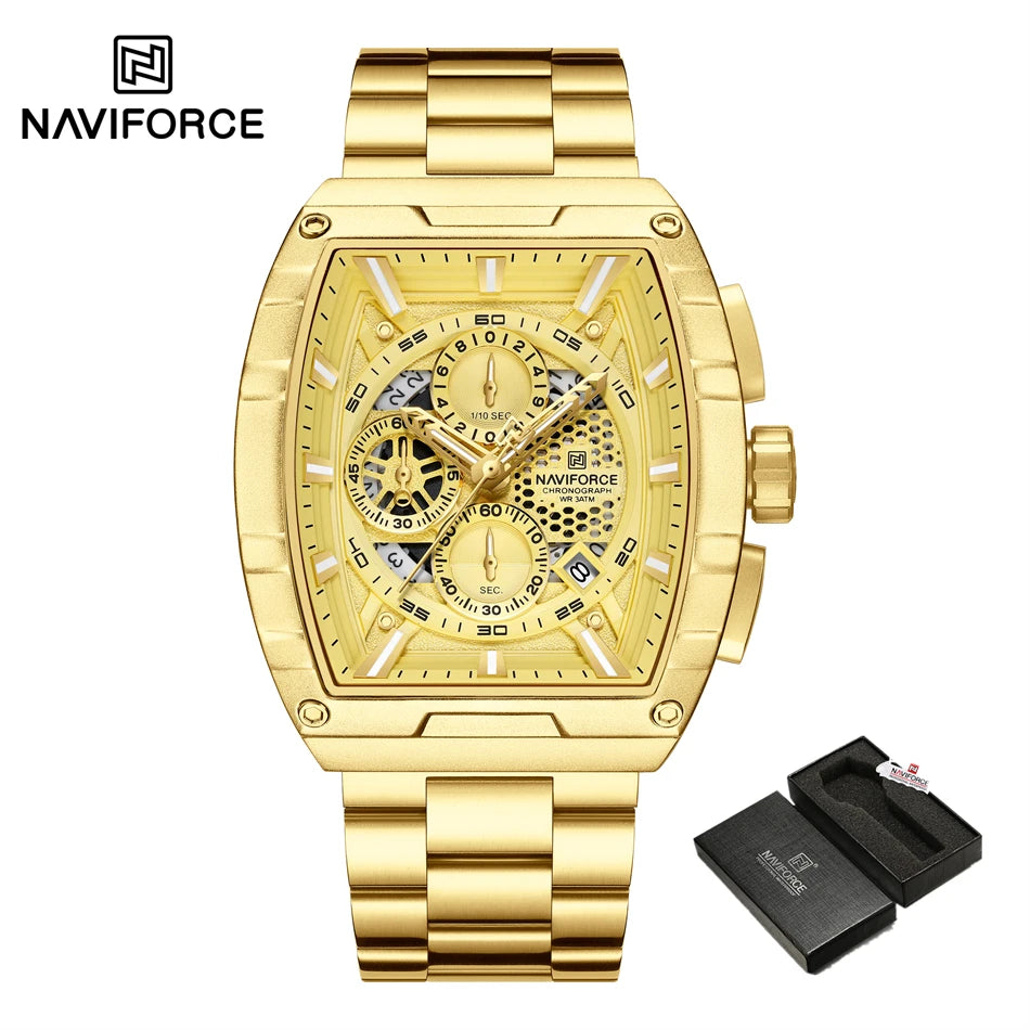 NAVIFORCE Quartz Watch for Men Fashion Waterproof Luminous Chronograph Wristwatch Auto Date Stainless Steel Strap Clock Gift