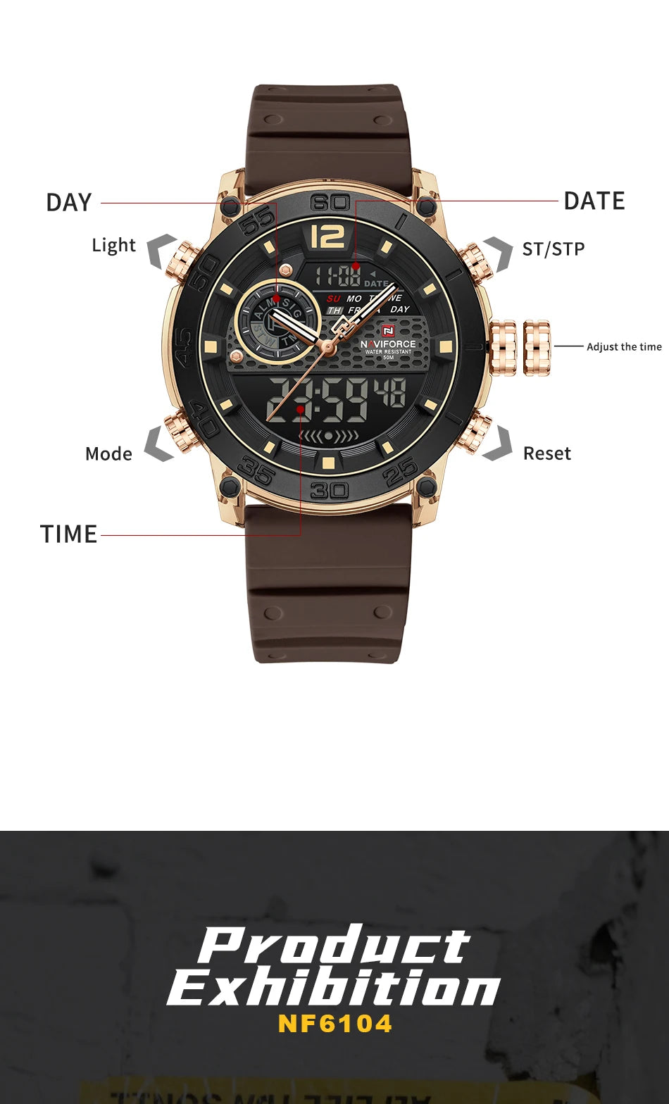 Men Watch NAVIFORCE Fashion Casual Quartz Luminous Watches  Waterproof  Wristwatch Silicone Band Day and Date Display Clock 6104