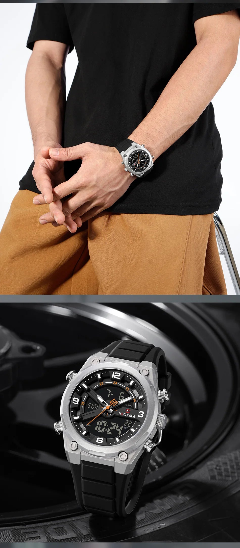NAVIFORCE Man's Watches Dual Display Week and Date Waterproof Luminous Silicone Strap Male Business Fashion Wristwatch Gift Box