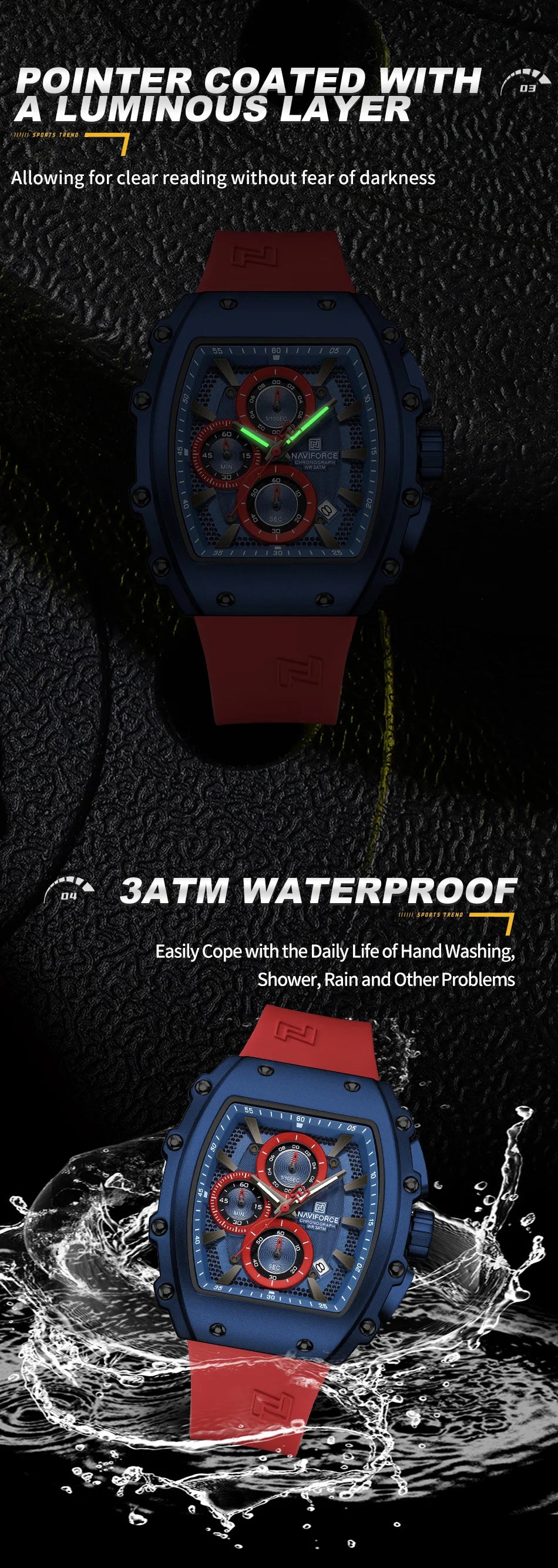 NAVIFORCE Luxury Men's Watch Quartz 30M Waterproof Chronograph Bucket with Night Light Display Sports Business Relogio Masculino
