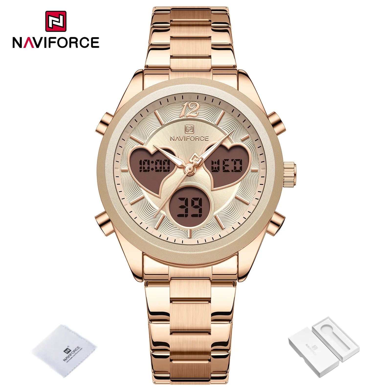 NAVIFORCE Women Watch Unique Design of Heart-Shaped Dial Quartz Analog LCD Digital Watches Fashion Casual Girlfriend Gifts Clock