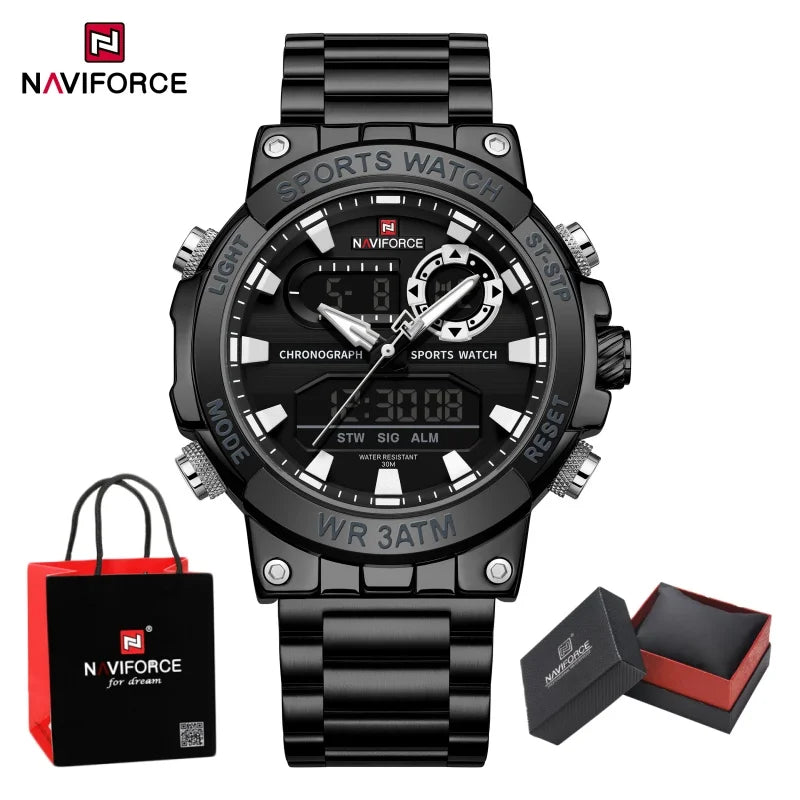 NAVIFORCE Men Watch Stopwatch Dual Time Display Men's Watch Fashion Sport Watch Stainless Steel Strap Waterproof  Package Gifts