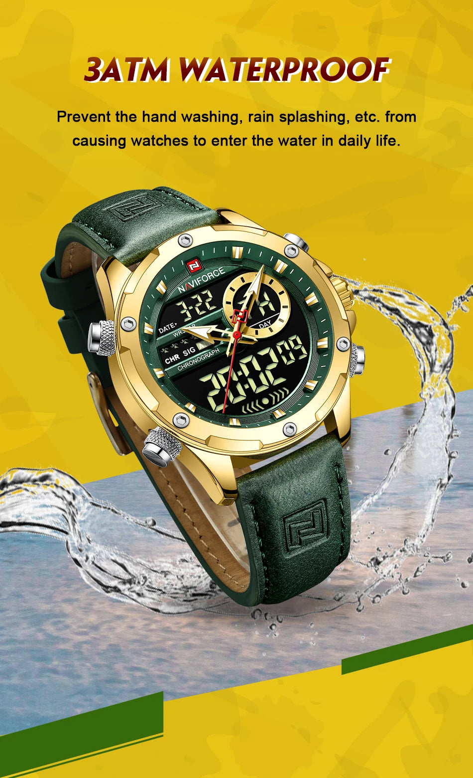 NAVIFORC Casual Sport Chronograph Men's Watch Genuine Leather Band Wristwatch Quartz Clock Luminous Display Relogio Masculino