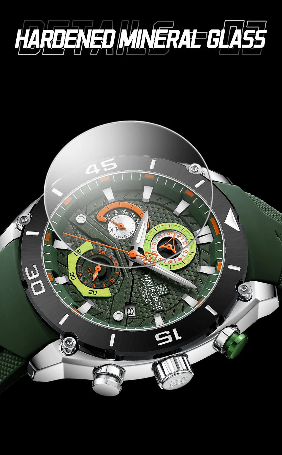 NAVIFORCE Man's Watch Quartz Chronograph 30M Waterproof Luminous Date Display Silicone Strap Trends Sports Wristwatch for Men