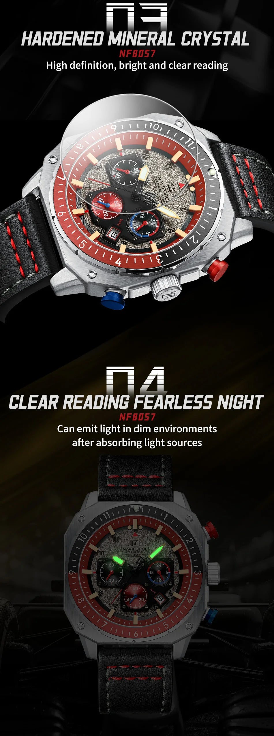 NAVIFORCE Sports Multifunction 24 Hours Date Display Waterproof Watch for Men Fashion Leather Quartz Analog Luminous Wrist Watch