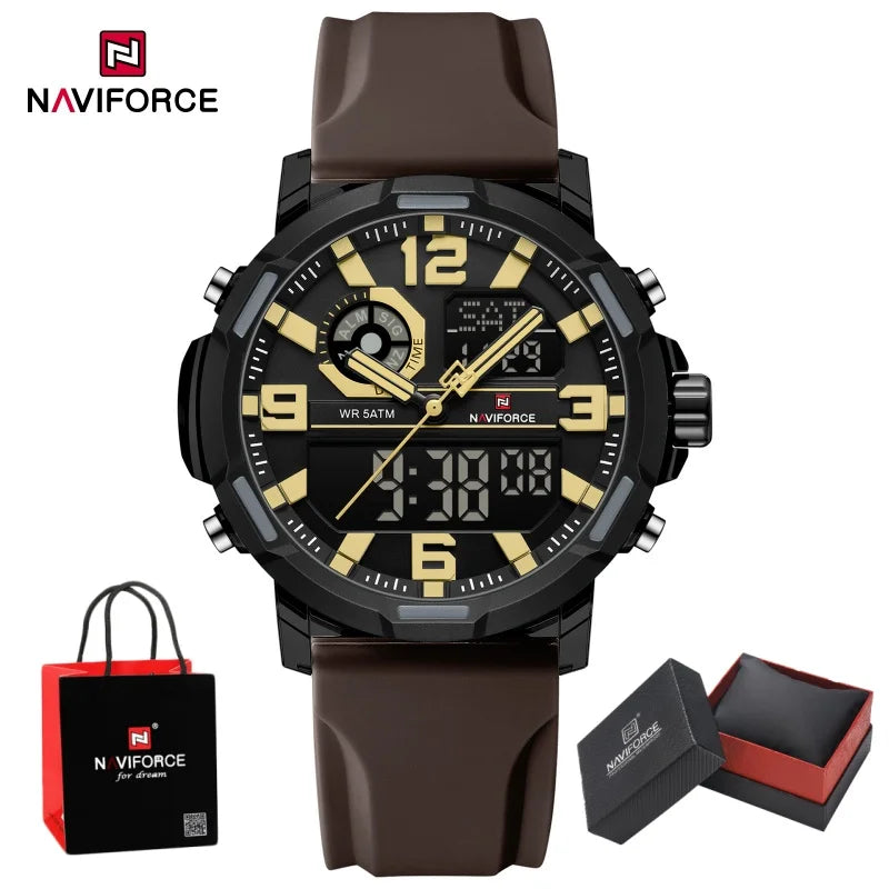 NAVIFORCE Men Dual Display Watch Alarm Clock 50M Waterproof Chronograph Stylish Novel Teenager Outdoor Sport Wristwatch Gift Box