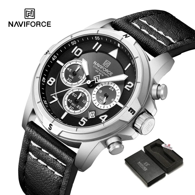 NAVIFORCE New Male Wristwatch Multi Dial Chronograph 24 Hour Clock Leather Band Men Modern Business Luxury Man's Watch NF8077