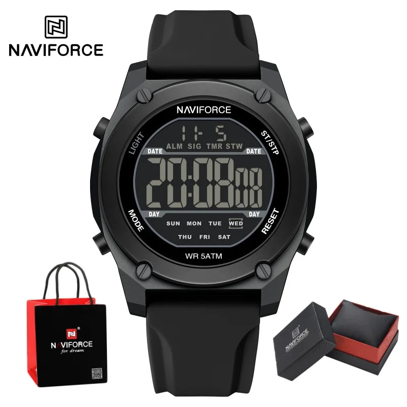 NAVIFORCE Men's LCD Digital Watch 50M Water Resistant Electronic Calendar Fashion Silicone Band Alarm Clock Wristwatch Gifts Box